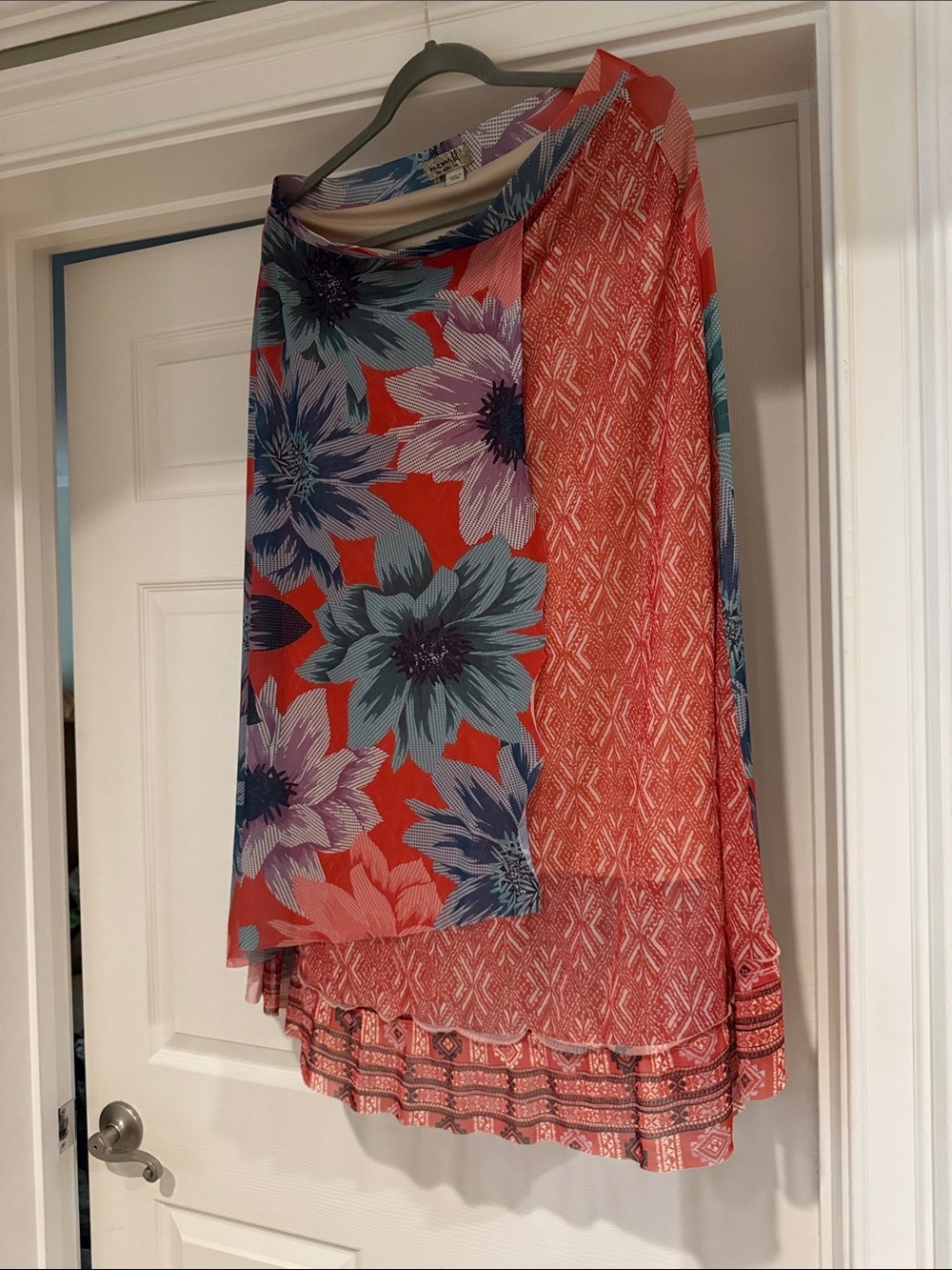 ONE WORLD Coral, Teal & Lavender Floral Maxi Skirt